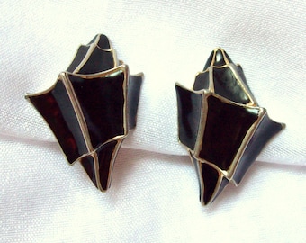 UNGARO - Black enamel on gilded metal clip on earrings special triple sided shape