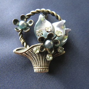 Vintage Louis Rousselet Brooch: Silver Flower Basket, Blue Glass Beads
