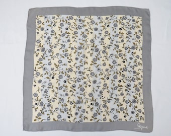 SCHIAPARELLI by Glentex – Small scarf neckerchief gray and auburn floral pattern on beige and light gray striped background