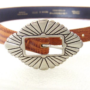 LIZ CLAIBORNE Inc. Brown leather belt with silver tone buckle antiqued pattern Neo Deco style image 1