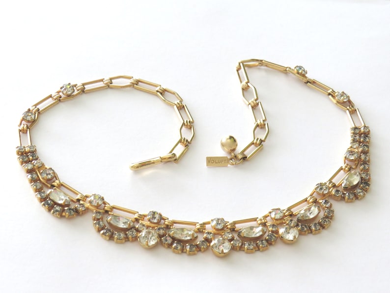 VOLUPTÉ Choker gilded metal chain claw set with back foiled clear crystals Mid Century image 1