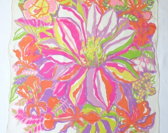 KENNETH JAY LANE – Early sheer silk scarf with multicolored floral design on ivory colored background hand rolled hems