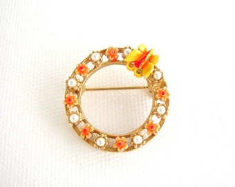 Vintage ART Enamel Butterfly Brooch: Gilded Faux Pearl Flower Pin