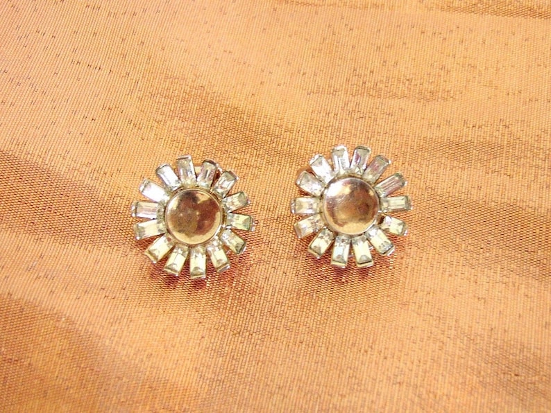 TRIFARI Crown \u2013 Retro round earrings gilded metal gold wash set with clear crystals Pat Pending