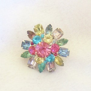 CORO Domed 3-layer round brooch prong set with multi colored rhinestones hand made image 1