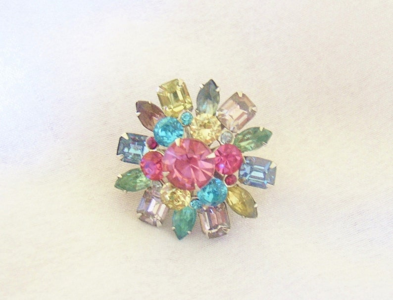 CORO Domed 3-layer round brooch prong set with multi colored rhinestones hand made image 1