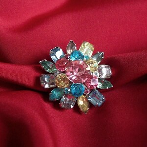 CORO Domed 3-layer round brooch prong set with multi colored rhinestones hand made image 2