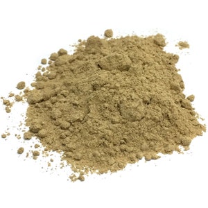 May include: A pile of light brown ginger powder on a white background.