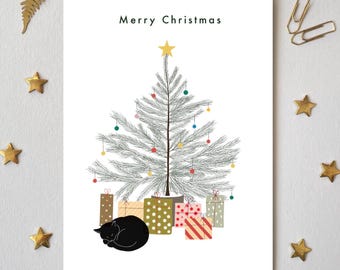 Pack of 5 Black Cat asleep under Christmas Tree |  Luxury Christmas Cat Cards | Cheeky Cat Cards | Cat Lover Christmas Card |