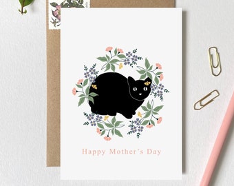 Black Cat Mother's Day Card Cat in Flower Garland | Funny Cat Card | Cute Cat Card | Cat Lover Mother's Day Card | Simple Mother's Day Card