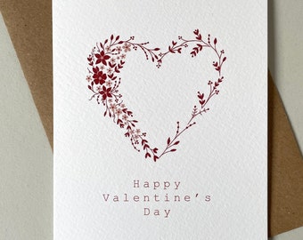 Happy Valentine's Day Card Floral Red Heart - Modern Valentine's Card - Contemporary Valentine's Card - Card for Him or Her- Be My Valentine