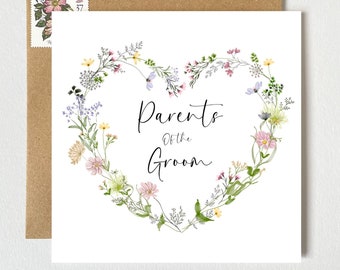 Parents of the Groom Card | Pretty Wildflowers Floral Botanical Wreath Heart | Wedding Card