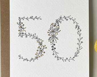 50th Birthday Card - Luxury Hand Illustrated - Birthday Card for Her - Anniversary Card - Wedding Anniversary - Birthday Card