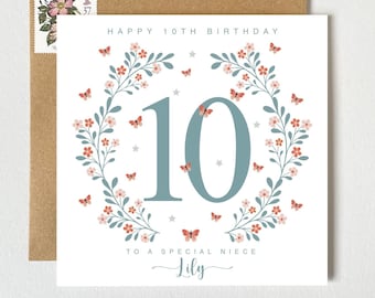 Personalised Name 10th Birthday Card | Tenth Birthday Card | Butterflies and Stars  | Personalised Card Granddaughter Niece Daughter Sister