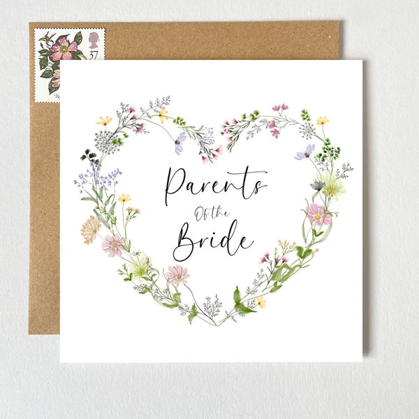 Parents of the Bride Card | Pretty Floral Botanical Wreath Heart | Wedding Card | Wildflower Heart Wreath