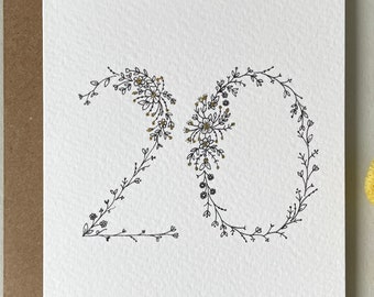 20th Anniversary Card - 20th Birthday Card - Luxury Hand Illustrated - Birthday Card for Her - Birthday Card - Anniversary Card