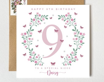 Personalised Name 9th Birthday Card | Ninth Birthday Card | Butterflies and Stars  | Personalised Card Granddaughter Niece Daughter Sister