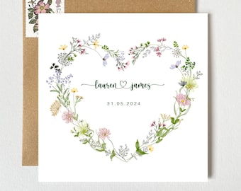 Personalised Wildflowers Wedding Card | Botanical Floral Heart Wreath | Special Date Card | Anniversary Engagement Card