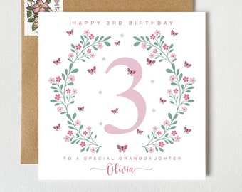 Personalised Name 3rd Birthday Card | Third Birthday Card | Butterflies and Stars  | Personalised Card Granddaughter Niece Daughter Sister