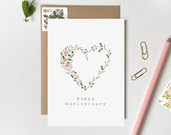Floral Heart Anniversary Card, Luxury Simple Anniversary Card, Wedding Anniversary Card for Wife, Anniversary Card Girlfriend