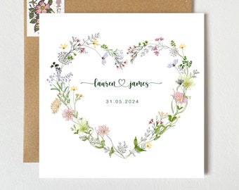Personalised Wildflowers Wedding Card | Botanical Floral Heart Wreath | Special Date Card | Anniversary Engagement Card