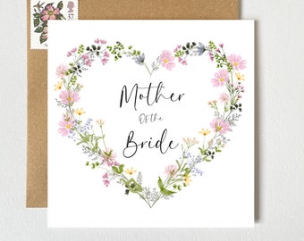 Mother of the Bride Card | Pretty Floral Bright Wildflowers Botanical Wreath Heart | Wedding Card