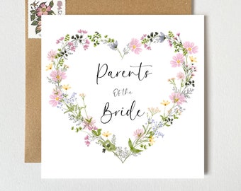 Parents of the Groom Card | Pretty Floral Bright Wildflowers Botanical Wreath Heart | Wedding Card