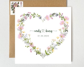 Personalised Wedding Card Bright Wildflowers | Botanical Floral Heart Wreath | Special Date Card | Anniversary Engagement Card