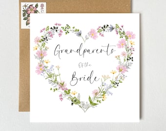 Grandparents of the Bride Card | Pretty Floral Bright Wildflowers Botanical Wreath Heart | Wedding Card | Wildflower Heart Wreath