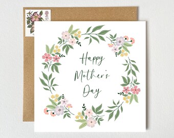 Happy Mother's Day Card Pretty Floral Wreath | Mother's Day Card | Mummy, Mum, Nanny, Granny, Grandma, Nan, Stepmum, Godmother