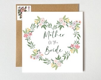 Mother of the Bride Card | Pretty Floral Botanical Wreath Heart | Wedding Card