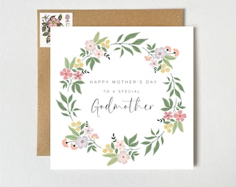 Godmother Happy Mother's Day Card Pretty Floral Wreath | Mother's Day Card | Mummy, Mum, Nanny, Granny, Grandma, Nan, Stepmum, Godmother