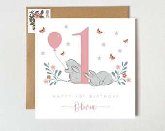 Personalised Name Girls 1st Birthday Card | Cute First Birthday Card | Baby Animals | Personalised Card Granddaughter Niece Daughter Sister