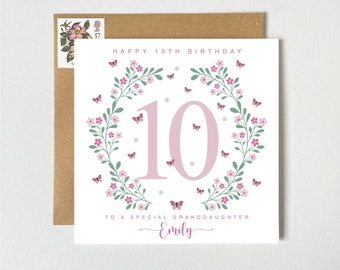 Personalised Name 10th Birthday Card | Tenth Birthday Card | Butterflies and Stars  | Personalised Card Granddaughter Niece Daughter Sister