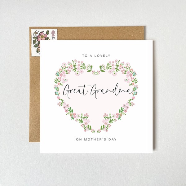 Mother’s Day Card For Great Grandma | Pretty Flower Posey Pink Heart | Mum, Nanny, Step-Mum, Great-Nan | Personalised Mother's Day Card