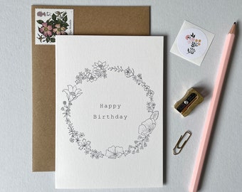 Happy Birthday Floral Wreath Card Grey - Birthday Card - Birthday Card for Her