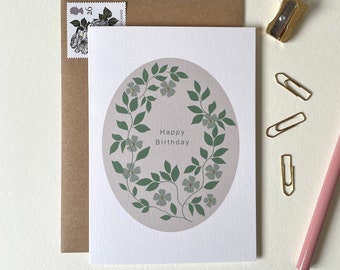 Happy Birthday Green Floral Oval Card | Birthday Card | Birthday Card for Her