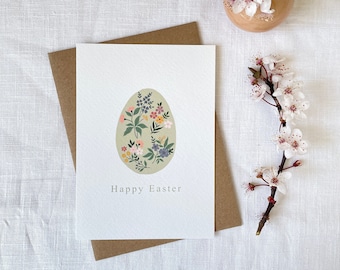 Green Floral Easter Egg Card | Happy Easter Card | Pretty Easter Egg Card | Pretty Painted Floral Egg | Spring Floral Card