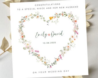 Personalized Niece and Her New Husband Wedding Card: Botanical Heart Wreath