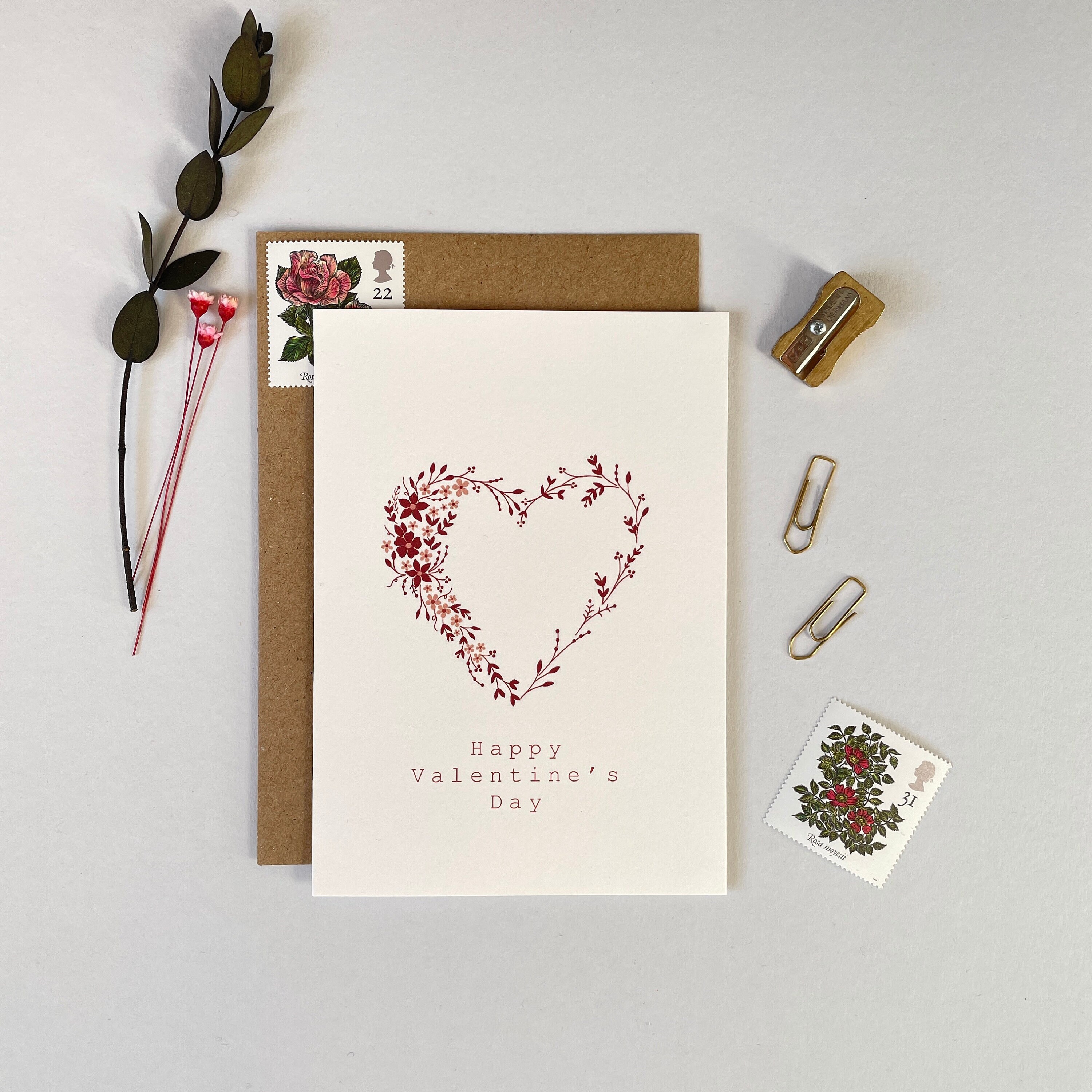 Happy Valentine's Day Card Floral Red Heart Modern Valentine's