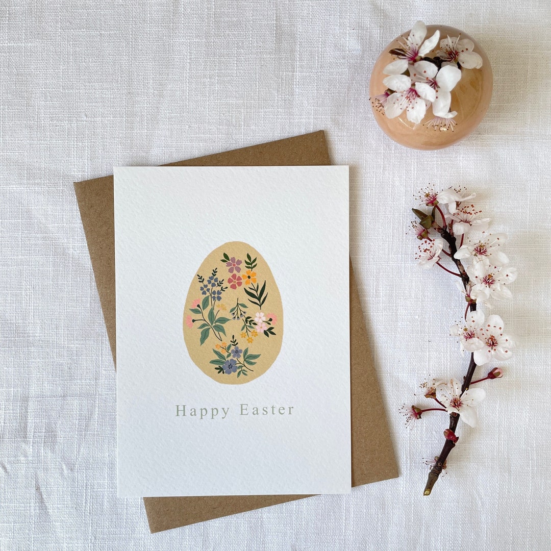 Yellow Floral Easter Egg Card Happy Easter Card Pretty Easter Egg Card ...