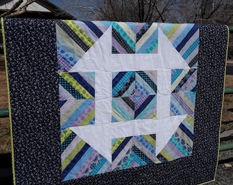 Unique and handmade giant churn dash quilt, blue, purple, green, aqua and white colors. Beautiful gift!!