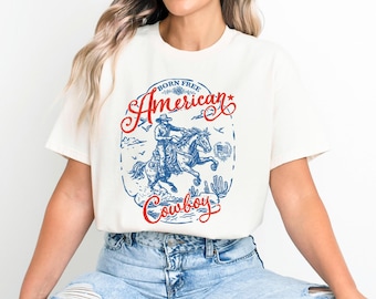 Born Free American Cowboy Unisex T-shirt, rodeoshirt, cadeau voor cowboys, patriottische slijtage, 4 juli, western patriottisch shirt, landshirt