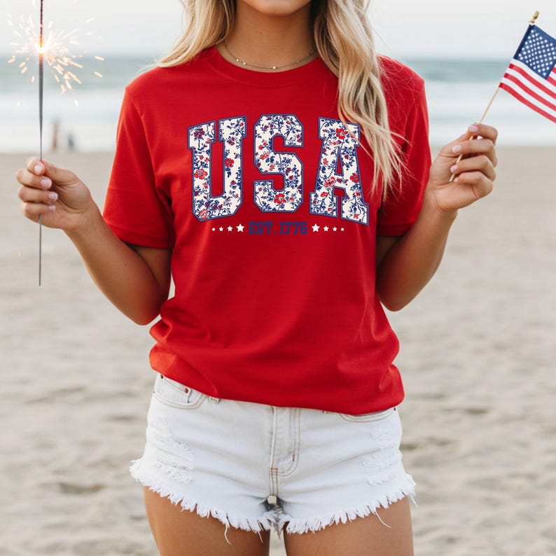 Floral USA Est 1776 shirt, Floral USA, 4th of July shirt, Independence Day, Memorial Day shirt, Patriotic Women shirt, Floral patriotic image 1