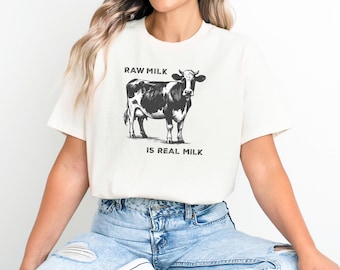 Camiseta unisex con leche cruda fresca de granja, linda camiseta con gráfico de vaca, ropa para amantes de los lácteos, regalo para fanáticos de la leche, MAHA, camiseta de leche cruda, camiseta de vaca, granjero