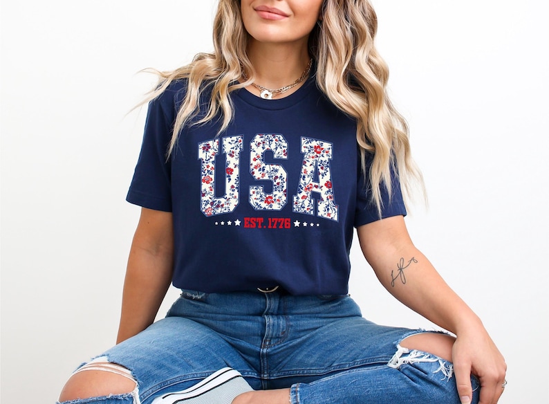 Floral USA Est 1776 shirt, Floral USA, 4th of July shirt, Independence Day, Memorial Day shirt, Patriotic Women shirt, Floral patriotic image 3