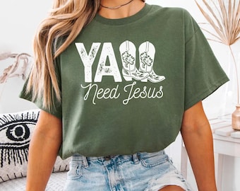 Koszulka "Y'all Need Jesus Comfort Colors", zabawna koszulka chrześcijańska, prezent w stylu country western, sarkastyczna koszulka, odzież religijna, koszulka rodeo
