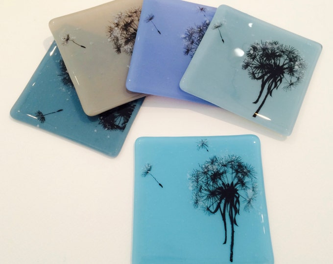 Set of 4 Handmade Glass Dandelion Seedhead Coasters, Screen Printed