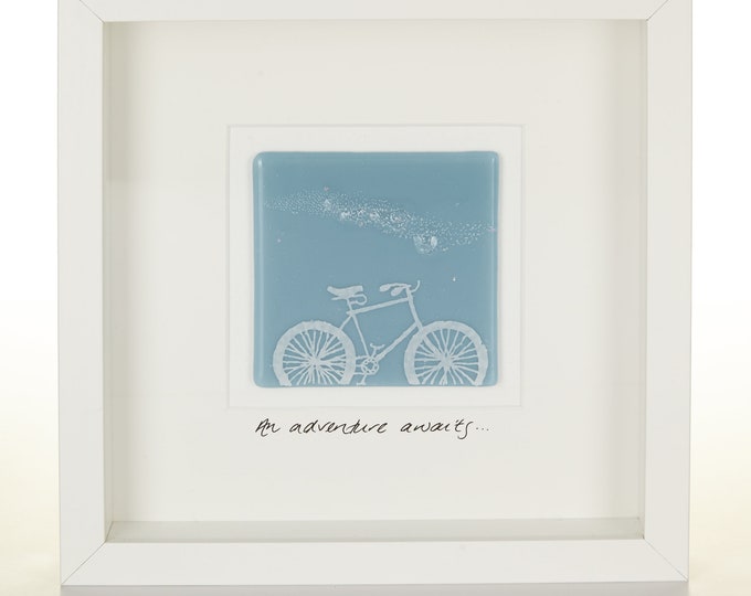 An adventure awaits, screen-printed fused glass bicycle picture