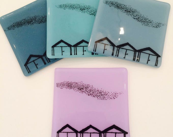 Colourful Screen-Printed Glass Beach Hut Coasters, Set of 4
